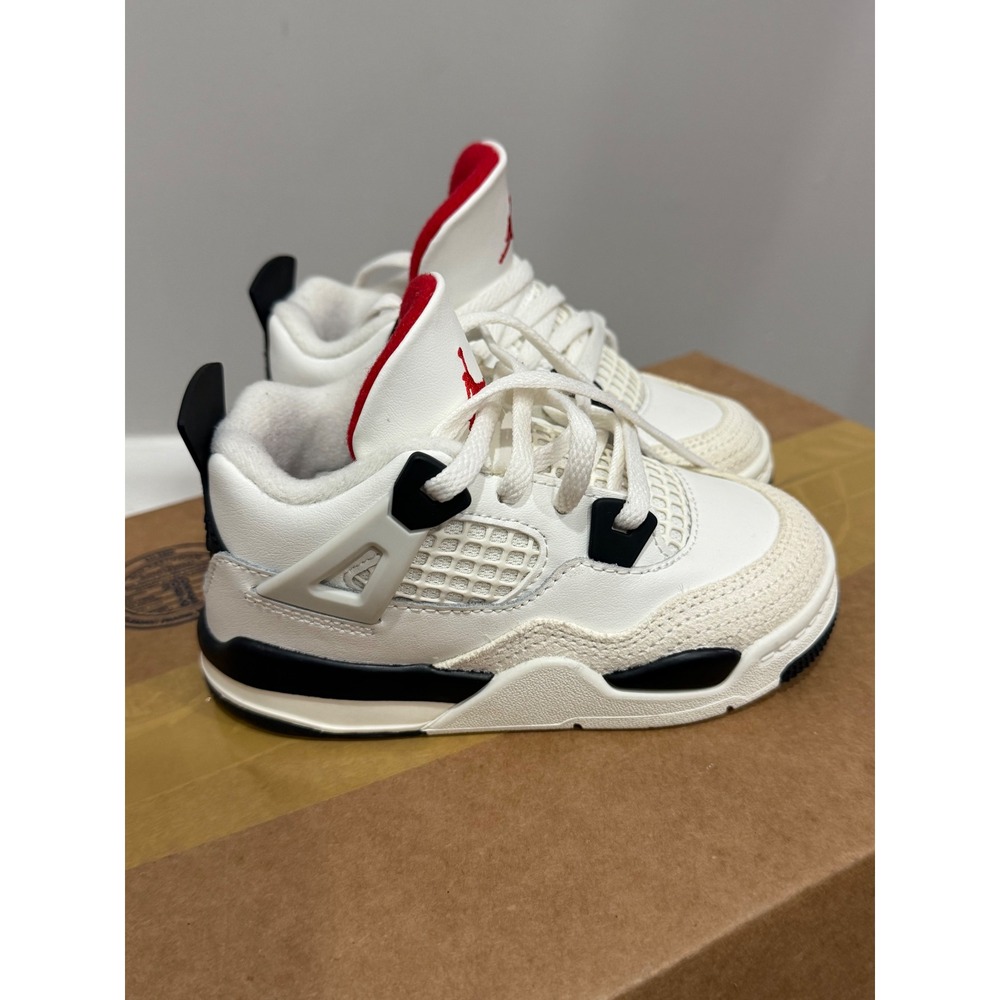Jordan 4 Retro Toddler Sneakers White Black Fire Red Mid Top Shoes 9C